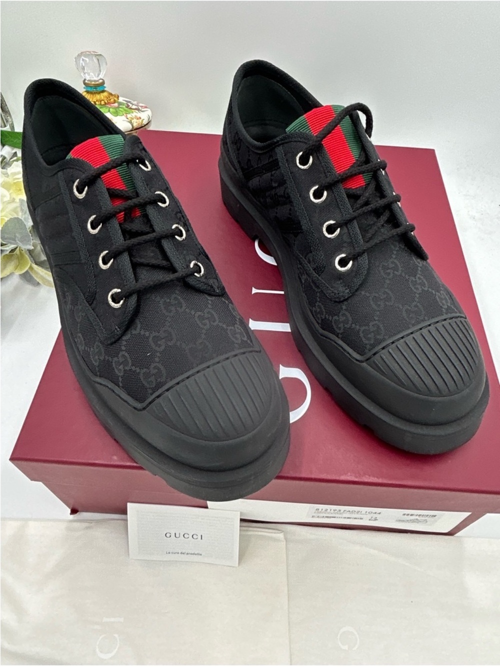 Men’s Gucci, GG monogram, web stripe canvas lug sole boot size 13 made in Italy